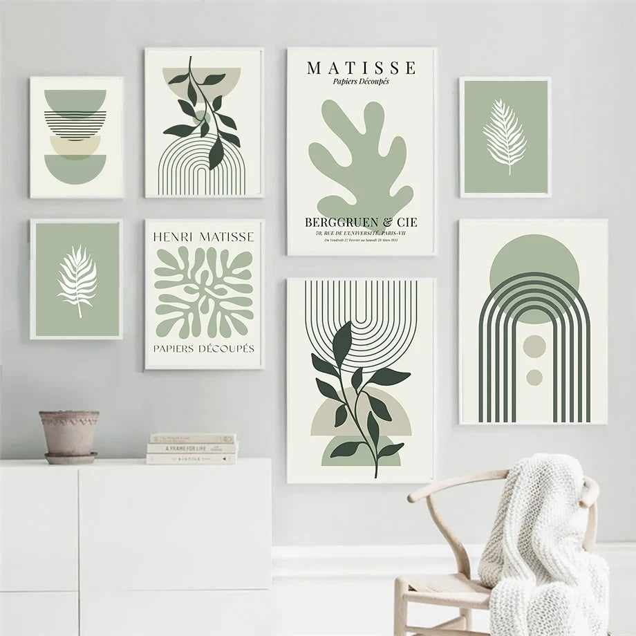 Sage Green Leaf Geometry Line Canvas Painting Matisse Abstract Boho Wall Art Poster And Prints For Living Room Home Wall Decor