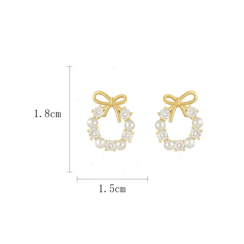 Minimalist Round Bow Knot Earrings For Women Temperament Fashion Rhinestone Imitation Pearl Stud Earrings Party Wedding Jewely