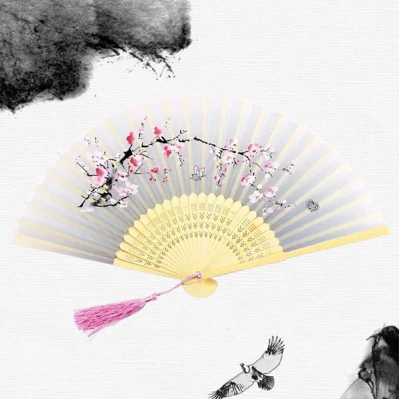 Chinese Japanese Silk Folding Fan Wooden Shank Classical Dance Fan High Quality Tassel Elegent Female Fan Home Decoration