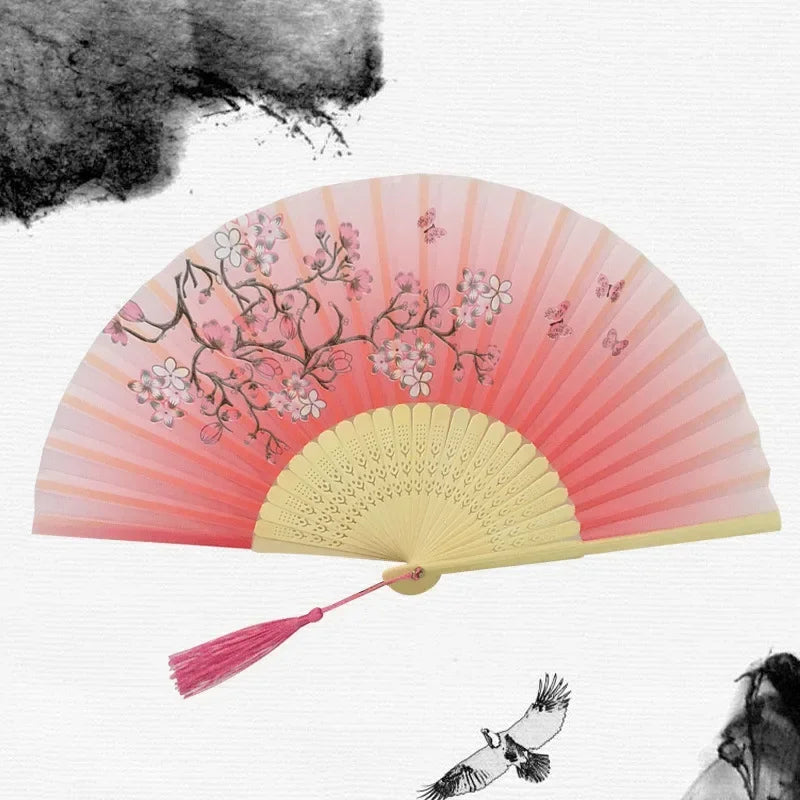 Chinese Japanese Silk Folding Fan Wooden Shank Classical Dance Fan High Quality Tassel Elegent Female Fan Home Decoration