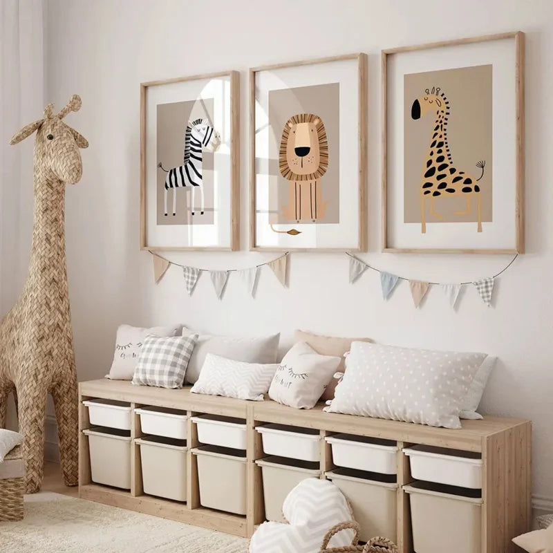 Modern Nordic Cartoon Aesthetics Wall Art Wildlife Lion Giraffe Zebra Tiger Monkey HD Children'S Room Nursery Decoration Gift