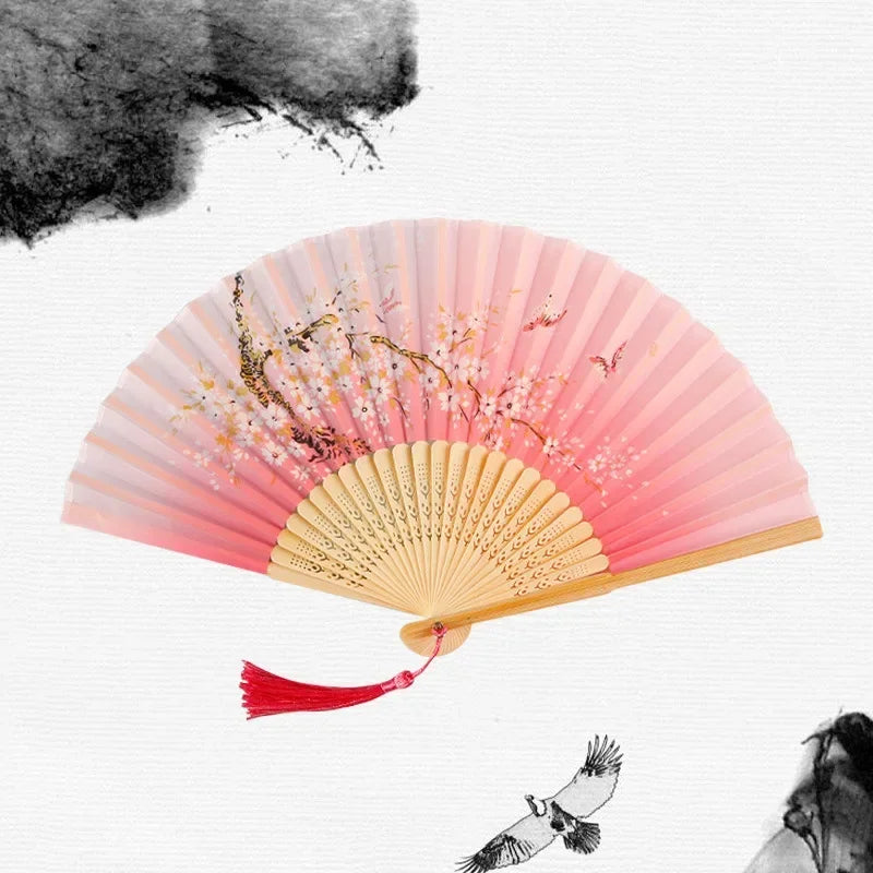 Chinese Japanese Silk Folding Fan Wooden Shank Classical Dance Fan High Quality Tassel Elegent Female Fan Home Decoration