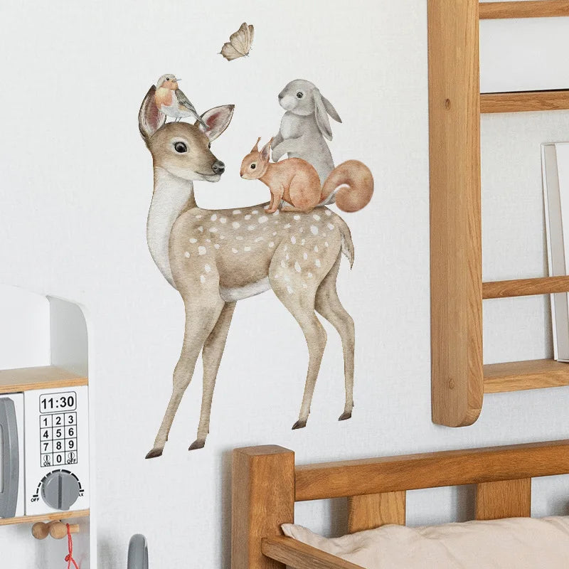 1PC Cartoon Animal Sika Deer Fox Rabbit Stickers, Decorating Room Walls With Background Wall Stickers, Waterproof Self-adhesive