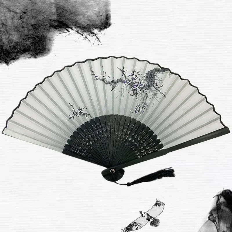 Chinese Japanese Silk Folding Fan Wooden Shank Classical Dance Fan High Quality Tassel Elegent Female Fan Home Decoration