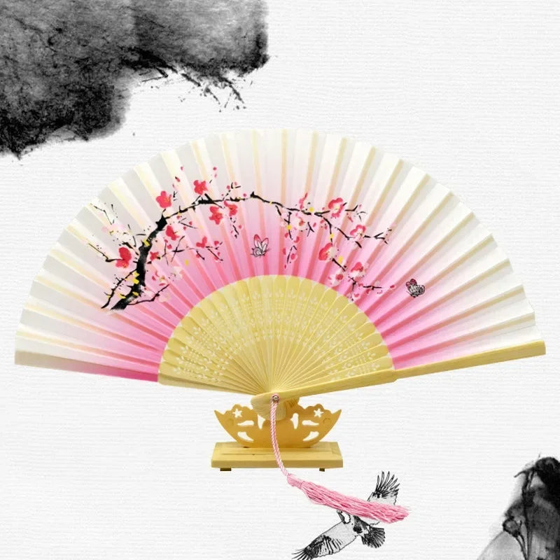 Chinese Japanese Silk Folding Fan Wooden Shank Classical Dance Fan High Quality Tassel Elegent Female Fan Home Decoration