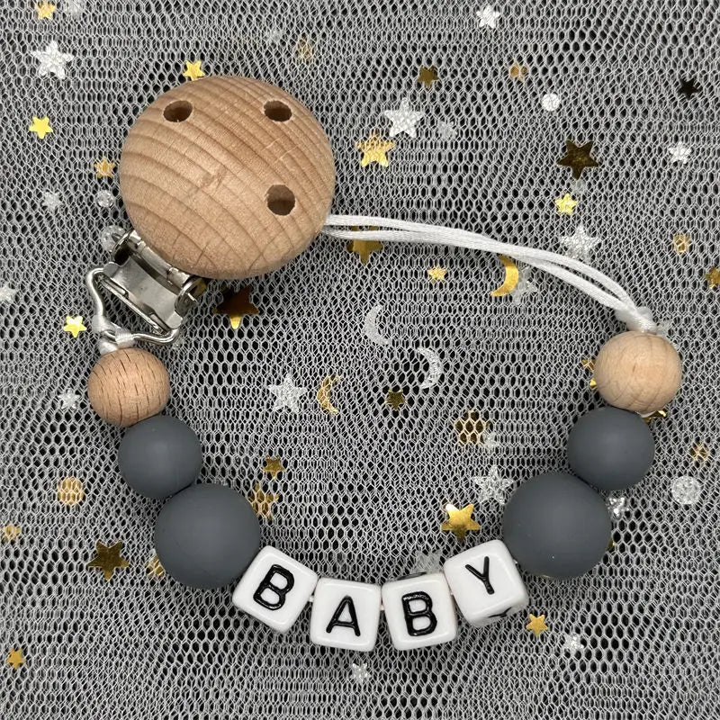 1Pc Custom Personalized Name Pacifier Clips Handmade Beech Wood Chain Silicone Crown Holder Soother Baby Teething Toys Chew Gift