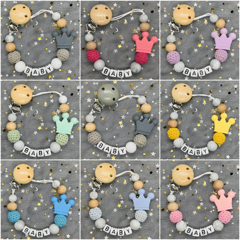 1Pc Custom Personalized Name Pacifier Clips Handmade Beech Wood Chain Silicone Crown Holder Soother Baby Teething Toys Chew Gift