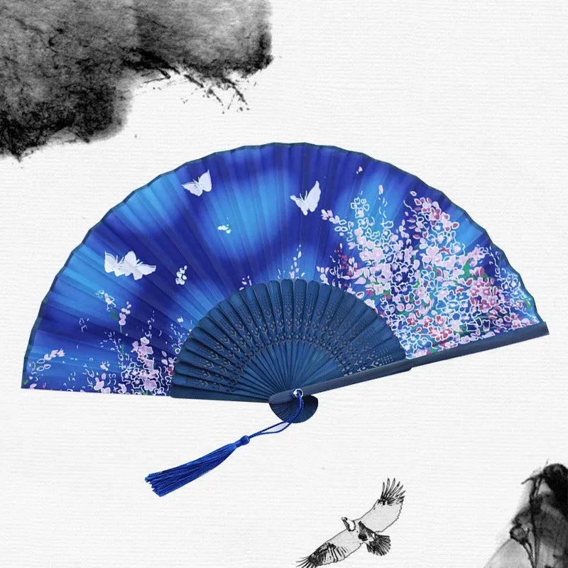 Chinese Japanese Silk Folding Fan Wooden Shank Classical Dance Fan High Quality Tassel Elegent Female Fan Home Decoration